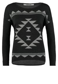 Pull noir avec des motifs géométriques gris, encolure large, manches longues et un ourlet qui descend légèrement à l'arrière. Fabriqué à partir d'un mélange de tissus doux.