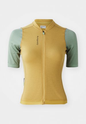 Jersey de ciclismo amarillo y verde con mangas cortas, tejido texturizado, cremallera delantera y un logo en el pecho. Presenta un diseño ajustado.