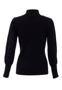 Pulover negru din tricot cu model ripart, gât înalt, mâneci bufante și siluetă ajustată. Are detalii subtile cu butoane la umăr.