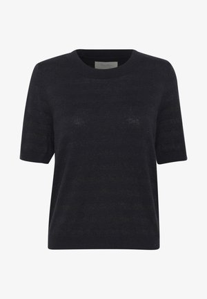 Tumman laivaston sininen lyhythihainen neulepusero, joka on valmistettu pehmeästä neulomateriaalista ja jossa on hienovaraisia metalliviivoja. Puserossa on pyöreä kaulus ja rento leikkaus.