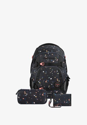 Backpack and pouch set featuring a black background with colorful speckled patterns. Made of durable fabric, includes adjustable straps and zippers.