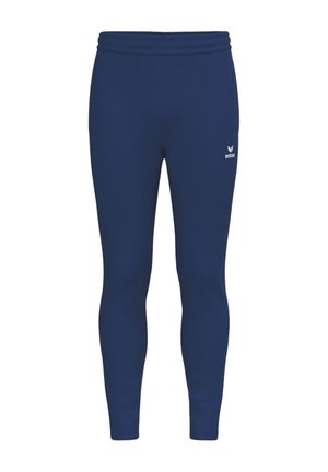 Marineblaue Slim-Fit-Sporthose mit elastischem Bund und kleinem weißem Erima-Logo am oberen linken Oberschenkel.