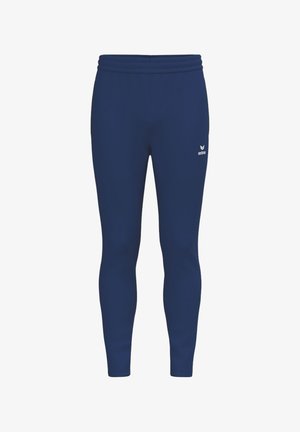 Marineblaue Slim-Fit-Sporthose mit elastischem Bund und kleinem weißem Erima-Logo am oberen linken Oberschenkel.