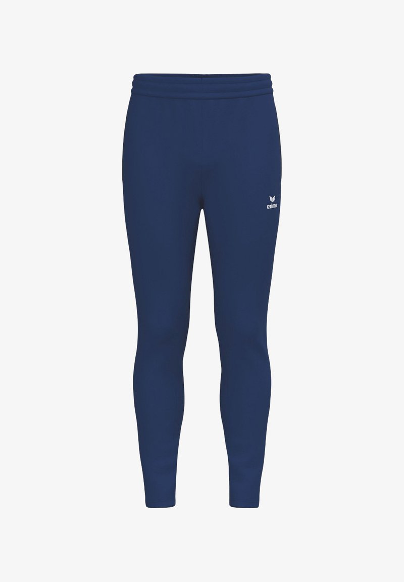 Pantalones deportivos ajustados azul marino con cintura elástica y un pequeño logo blanco de Erima en la parte superior del muslo izquierdo.