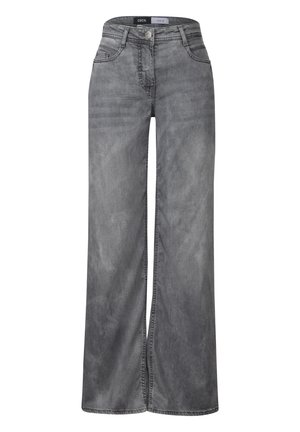 Breda grå denimbyxor med en mjuk textur, klassisk femfickdesign och sydda detaljer. Har knapp- och dragkedjestängning.