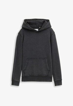 Felpa con cappuccio in misto cotone grigio scuro, dotata di tasca a marsupio, polsini e orlo ribattuti, con una vestibilità comoda e una texture morbida.