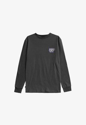 Czarna koszulka z długim rękawem z bawełny, z okrągłym dekoltem i małym kolorowym nadrukiem "SRT" na piersi. Luźny krój z ściągaczami przy mankietach.