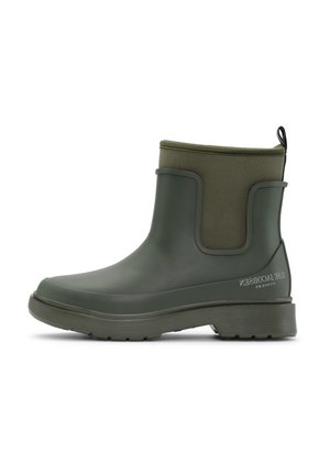 Green rubber ankle boots with a textured finish, featuring a thick, flexible sole and a soft fabric upper for comfort and water resistance.