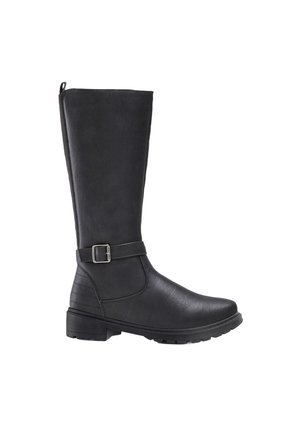 Botte noire montante en cuir synthétique avec une fermeture éclair latérale, accent de boucle, tige texturée et semelle en caoutchouc plate.