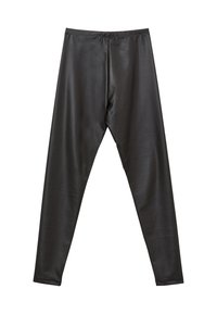 Leggings neri in ecopelle con una texture liscia e lucida, dotati di una cintura elastica e di un design a gamba affusolata. Senza cuciture visibili.