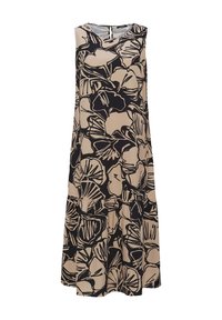 Sleeveless dress in beige with large black floral print. Features a round neckline, back keyhole opening, and a flared hemline.