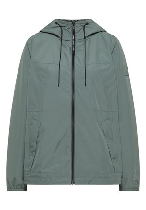 Hellgrüne Kapuzenjacke mit schwarzem Reißverschluss und Kordelzügen, Seitentaschen und dezenten Markendetails am Ärmel und im Reißverschlussbereich.