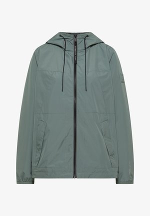 Veste à capuche vert clair avec fermeture éclair noire et cordons, poches latérales, et détails discrets de la marque sur la manche et la zone de la fermeture éclair.