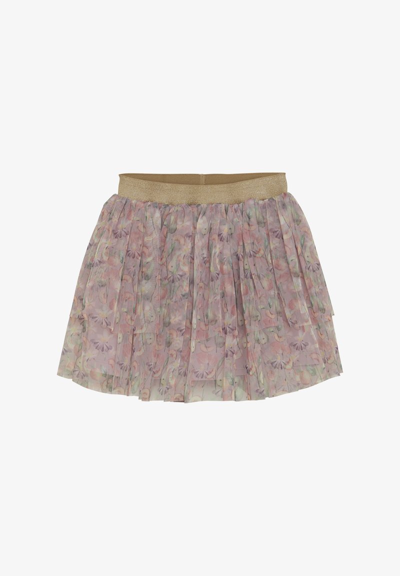 Jupe à volants rose clair avec imprimé floral. Dotée d'une taille élastique dorée. Fabriquée en tissu léger et transparent.