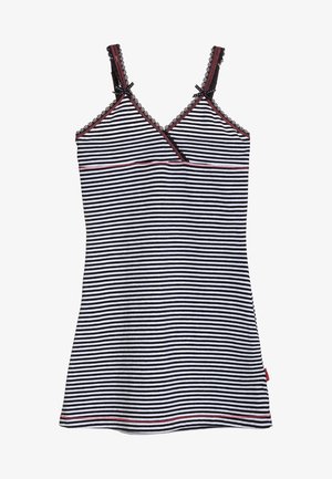 Débardeur à rayures noires et blanches avec des bretelles réglables, des bordures en dentelle et des accents rouges contrastants au niveau de l'encolure et de l'ourlet.