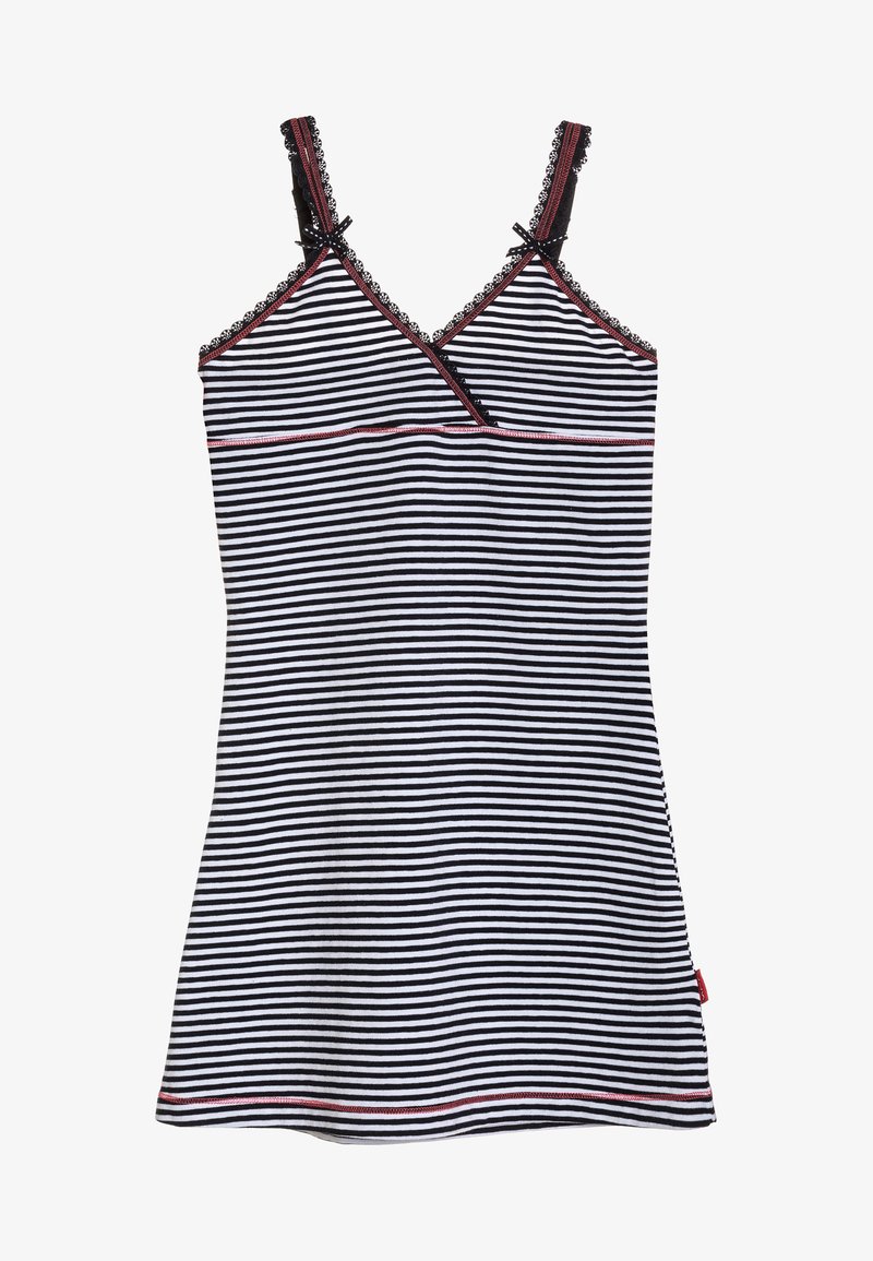 Μαύρη και λευκή ριγέ αμάνικη μπλούζα με ρυθμιζόμενους ιμάντες, δαντελένιο τελείωμα και αντίθετες κόκκινες λεπτομέρειες στο λαιμόκοψη και το στρίφωμα.