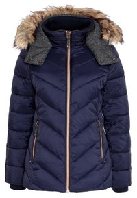 Doudoune d’hiver bleu marine avec motif chevron matelassé, fermeture éclair frontale, deux poches zippées et capuche amovible bordée de fourrure.