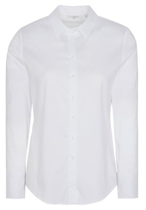 White, long-sleeved button-up shirt made of smooth fabric. Features a classic collar, a button placket, and straight cuffs.