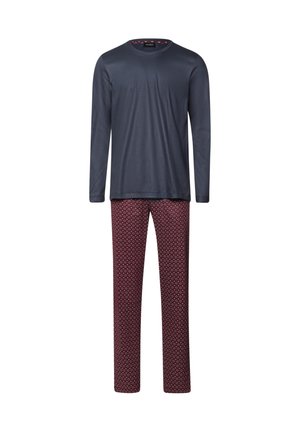 Top de manga larga azul marino con cuello redondo, combinado con pantalones burdeos a rayas que presentan un diseño de diamantes. Tejido suave, corte relajado.