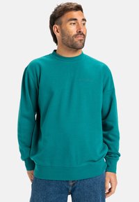 Teal sweatshirt lavet af blødt stof, med rund hals, lange ærmer og en afslappet pasform. Logo præget på brystet.