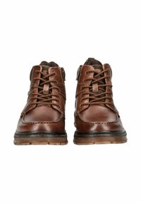 Brown leather ankle boots with lace-up front, rubber soles, and side zippers. Features stitched accents and textured finish.