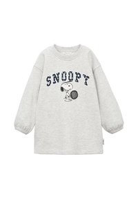 Svetlo siva dolga majica s kapuco z napisom "SNOOPY" in s sliko Snoopyja, ki drži teniško lopar.