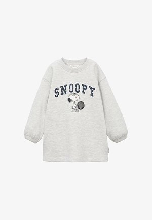 Svetlo siva dolga majica s kapuco z napisom "SNOOPY" in s sliko Snoopyja, ki drži teniško lopar.