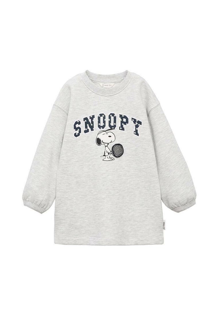 Svetlo siva dolga majica s kapuco z napisom "SNOOPY" in s sliko Snoopyja, ki drži teniško lopar.