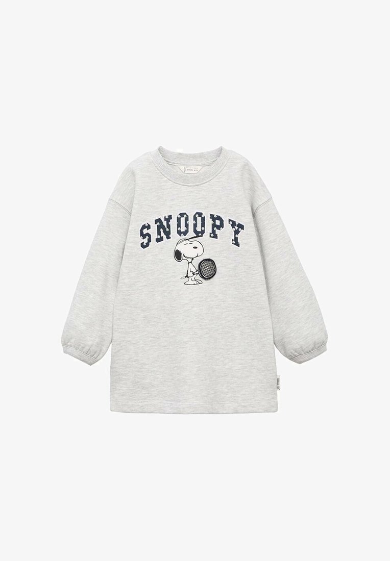 Svijetlosiva dukserica dugih rukava s natpisom "SNOOPY" i printom Snoopyja koji drži tenisku rekete na prednjoj strani.