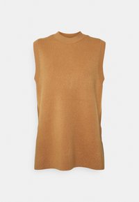 Sweter bez rękawów w ciepłym, złoto-brązowym odcieniu, wykonany z miękkiej dzianiny, z okrągłym dekoltem i bezszwowymi bokami.