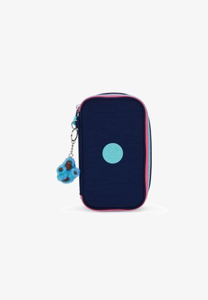Navy pencil case with pink and light blue zipper, featuring a textured surface and a keychain charm of a blue furry figure.