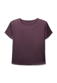 Top a maniche corte in tessuto di satin viola scuro. Presenta una scollatura rotonda e una vestibilità rilassata con una texture liscia. Non ci sono ulteriori dettagli.