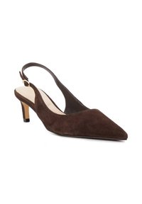Brown suede slingback shoe with a pointed toe, low heel, and adjustable buckle strap. Smooth interior and a textured exterior.