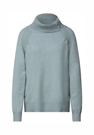 Pull en bleu clair avec un col haut et texturé. Dispose de deux boutons sur le col, de poignets côtelés et d'une texture de corps lisse.