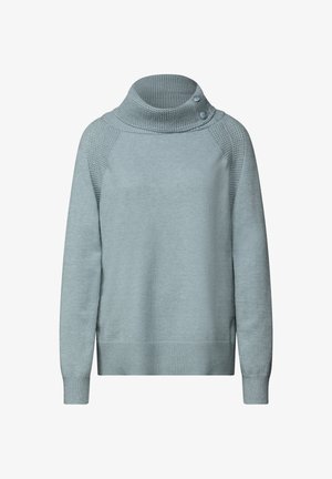 Lichtblauwe trui met een hoge, gestructureerde kraag. Voorzien van twee knopen op de kraag, ribgebreide manchetten en een zachte stof.