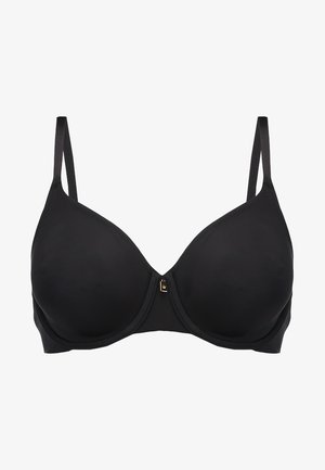Sutiã preto com aro e copas lisas e almofadadas. Apresenta alças ajustáveis e um pequeno fecho dourado ao centro. Acabamento em tecido texturizado.