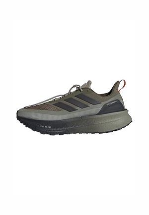 Shoes with a lightweight olive green mesh upper, black accents, textured gray midsole, and a black outsole featuring "Light Boost" branding.