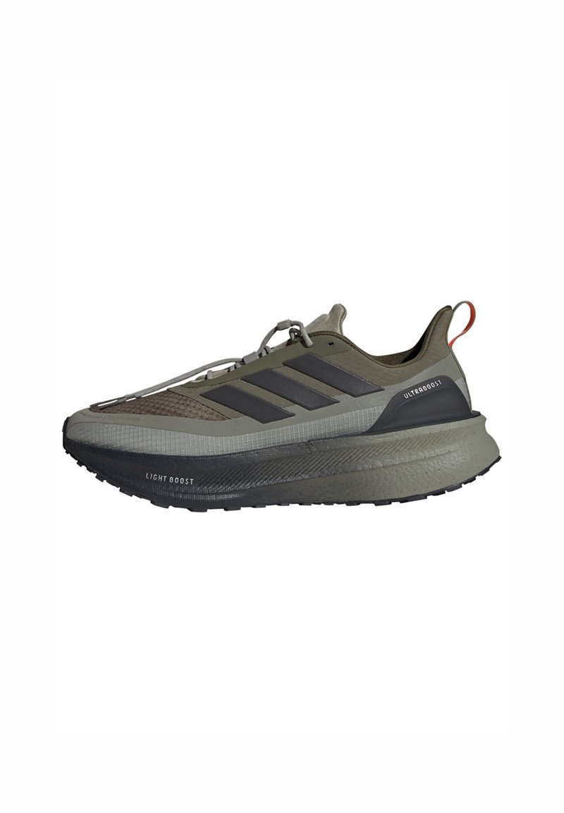 Shoes with a lightweight olive green mesh upper, black accents, textured gray midsole, and a black outsole featuring "Light Boost" branding.