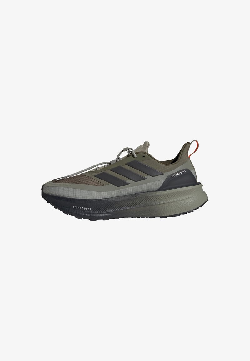 Shoes with a lightweight olive green mesh upper, black accents, textured gray midsole, and a black outsole featuring "Light Boost" branding.