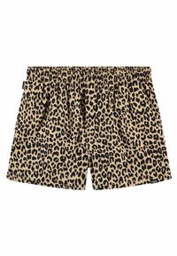 Shorts de bain en imprimé léopard avec une base beige et des taches noires, taille élastique et coupe décontractée. Fabriqués en matériau léger.