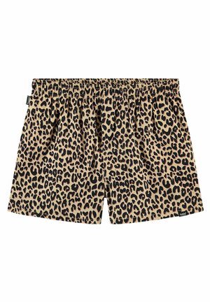 Shorts de bain en imprimé léopard avec une base beige et des taches noires, taille élastique et coupe décontractée. Fabriqués en matériau léger.