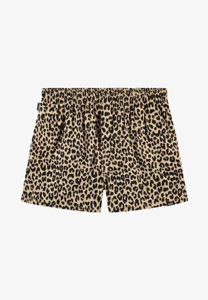 Pantaloni da bagno con stampa leopardata, caratterizzati da una base beige con macchie nere, vita elastica e vestibilità rilassata. Realizzati in materiale leggero.