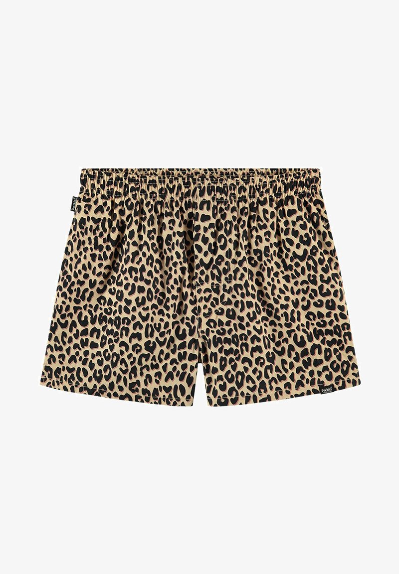Plavky s leopardím vzorom, ktoré majú béžový základ s čiernymi škvrnami, elastický pás a voľný strih. Vyrobené z ľahkého materiálu.