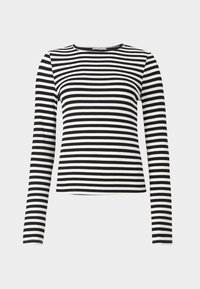 Black and white striped long-sleeve top with a round neckline. Made from a ribbed fabric, it features evenly spaced horizontal stripes.