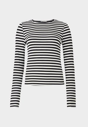 Haut à manches longues rayé noir et blanc avec un col rond. Fabriqué en tissu côtelé, il présente des rayures horizontales régulièrement espacées.