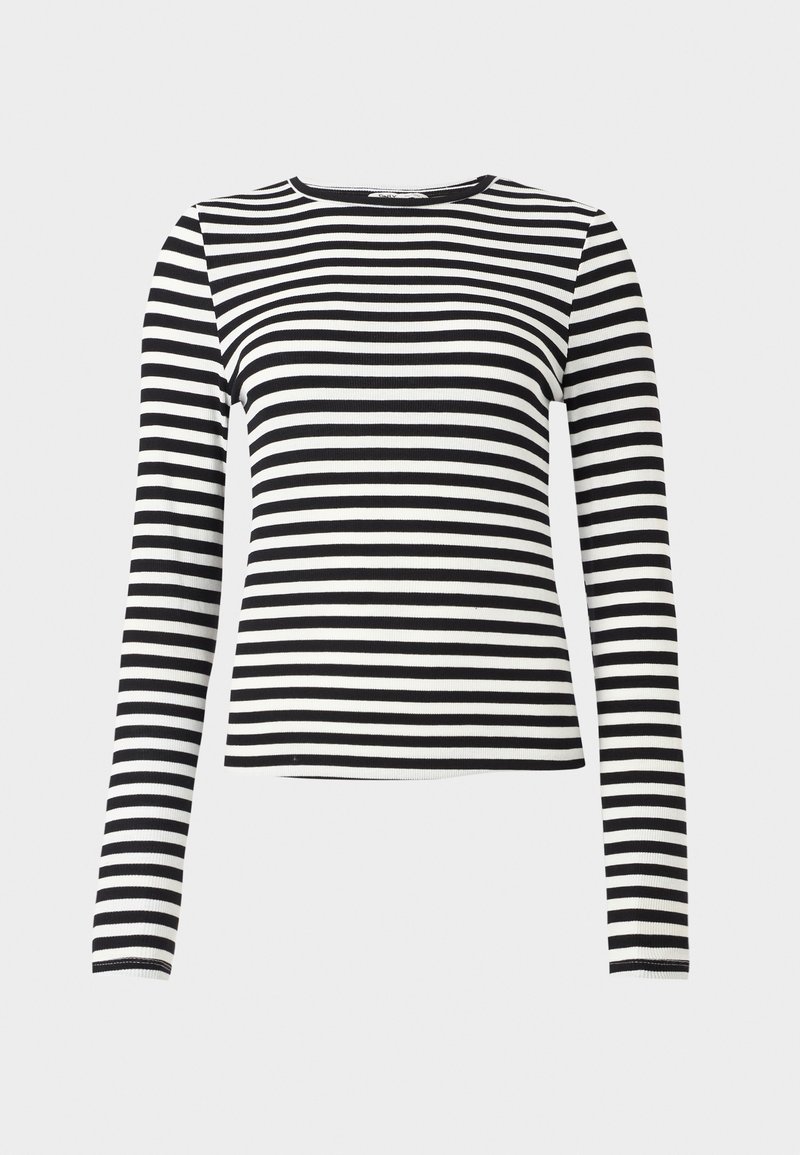Schwarz-weißer gestreifter Langarmoberteil mit rundem Ausschnitt. Hergestellt aus einem gerippten Stoff, zeichnet sich das Oberteil durch gleichmäßig verteilte horizontale Streifen aus.
