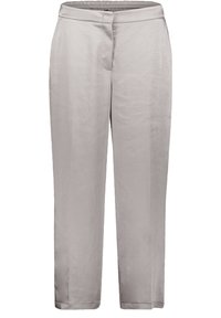 Grå satinbyxor med vida ben och elastisk midja, med en diskret framficka och en slät textur som erbjuder en avslappnad passform.