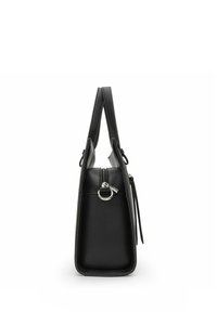 Borsa a mano in pelle nera con design strutturato, chiusura con zip e dettagli in metallo argentato. Presenta due manici superiori e superficie texturizzata.