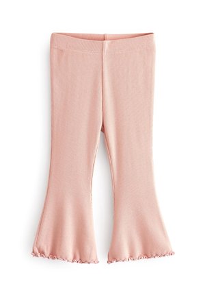 Pantalon tricoté côtelé rose doux pour tout-petit avec jambes évasées et ourlet à bord ondulé, posé à plat sur fond blanc.