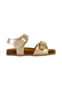 Sandale ouverte enfant avec des brides métalliques dorées, deux boucles réglables, une semelle de liège et une semelle en caoutchouc texturée.